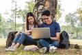 Young man and girls friend classmates sitting under tree consult Royalty Free Stock Photo