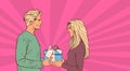 Young Man Give Gift Box To Woman Holiday Present Comic Retro Background Beautiful Couple In Love Royalty Free Stock Photo