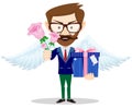 Young man give rose and gift, present to lover, hipster in love. Royalty Free Stock Photo