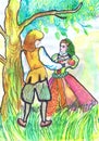 The young man gives the girl an apple. Children`s drawing