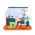 Young man giving bouquet of flowers to disabled woman using wheelchair, flat vector illustration