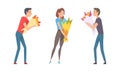 Young Man Giving Bouquet of Flowers to Happy Woman Vector Set Royalty Free Stock Photo