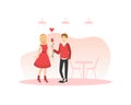 Young Man Giving Flower to Beloved Girl, Happy Loving Couple on Romantic Date Vector Illustration