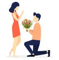 Young man giving flowers to his beloved woman