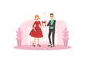 Young Man Giving Gift Box to Smiling Girl, Happy Loving Couple on Romantic Date Vector Illustration Royalty Free Stock Photo