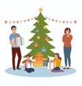 Young man giving gift box to woman and Children opening gifts near the Christmas tree.  Vector flat style illustration Royalty Free Stock Photo