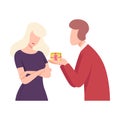 Young Man Giving Gift to Upset Woman, People Trying to Save Love and Friendship Flat Vector Illustration