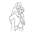 Young man giving a piggy back ride to his girlfriend vector illustration sketch doodle hand drawn with black lines isolated on Royalty Free Stock Photo