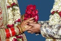 Young man giving a red rose, a bouquet of flowers to his girlfriend Royalty Free Stock Photo