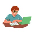 Young man in glasses writing in notebook, studying with laptop. Flat illustration of e learning and tutorial concept. Royalty Free Stock Photo