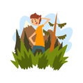 Young man got lost in the forest, guy scratching his head thoughtfully against the backdrop of beautiful nature vector