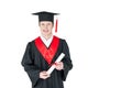 Young man in graduation hat holding diploma on white Royalty Free Stock Photo