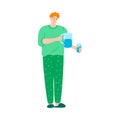 The young man in green home clothes standing with a bottle and glass of water. Vector illustration in cartoon style. Royalty Free Stock Photo