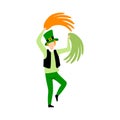 Young Man in Green Irish Costume Dancing with Pom Poms, Guy Celebrating Saint Patrick Day Vector Illustration