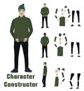 A young man in a green jacket, blue hat and black pants - isolated on white background. Flat character constructor in vector for