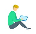 Young man sitting on the floor looking at laptop. Freelancing and digital marketing, designer and developer. Flat vector