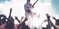 Young Man Guitar Performing Concert Ecstatic Crowds Concept Royalty Free Stock Photo