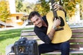 Young man guitar teacher making a videos Royalty Free Stock Photo