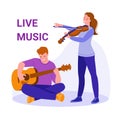 Young man guitarist and girl violinist play musical instruments. Live music. Vector illustration in flat cartoon style. Isolated Royalty Free Stock Photo