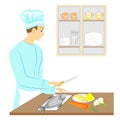 A young man. The guy cleans the fish, cooks it with vegetables. He`s a professional cook. Vector illustration