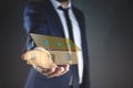 Young man hand house model in screen Royalty Free Stock Photo