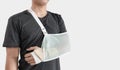 Young man with hand injured wearing splint, broken arm, on white background