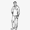Young man, hand sketch ink pen fictional character. Flat vector illustration isolated on white Royalty Free Stock Photo
