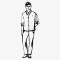 Young man, hand sketch ink pen fictional character. Flat vector illustration isolated on white Royalty Free Stock Photo