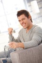 Young man happy about computer game Royalty Free Stock Photo