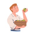 Young Man Harvesting Holding Wooden Crate with Ripe Apple Fruit Vector Illustration