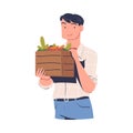 Young Man Harvesting Holding Wooden Crate with Ripe Vegetables Vector Illustration