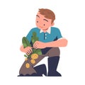 Young Man Harvesting Picking and Gathering Ripe Potato from Soil Vector Illustration