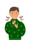 A young man has a sore throat. A man holds his sore throat with his hands. Pharyngitis and tonsillitis.