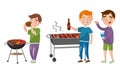 Young Man Having Barbeque Party Grilling Meat and Drinking Beer Vector Illustration Set