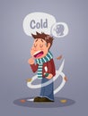 Young man having a cold, holding medicines, cartoon style