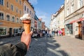 Young man having fun and enjoy to eating ice cream in Fussen,Germany Royalty Free Stock Photo