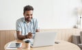 Young man having meeting online. Student men using laptop computer at home. Working, studying, online video conferencing concept