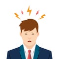 Young man with a headache. Stress situation concept. Fatigue of worker person is suit. Vector illustration