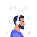 Young man with headphones listening to music. Concept of relaxation, good mood, rest. Vector illustration