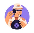 Young man in headphones, listening to song. Music lover character, face portrait, avatar in circle. Cool trendy guy with