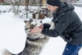 Young man with her dog husky outdoor on winter background. Active and happy man playing with dog, caressing and training Royalty Free Stock Photo