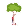 Young Man Hiding and Peeking Behind Green Tree Vector Illustration