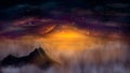 Young man, hiker standing on top of mountain with misty fog at sunset night sky. 3D rendering, digital painting Royalty Free Stock Photo