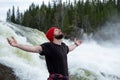 Young Man hiking outdoor Lifestyle Travel survival concept river and rocky mountains on background