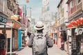 Young man hipster traveling with backpack and hat, happy Solo traveler walking at Chinatown street market in Singapore. landmark Royalty Free Stock Photo