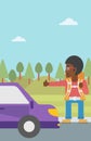 Young man hitchhiking vector illustration.