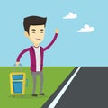 Young man hitchhiking vector illustration.