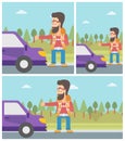 Young man hitchhiking vector illustration.