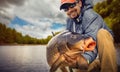 Young man hold big carp in his hands.