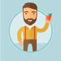 Young man holding apple vector illustration.
